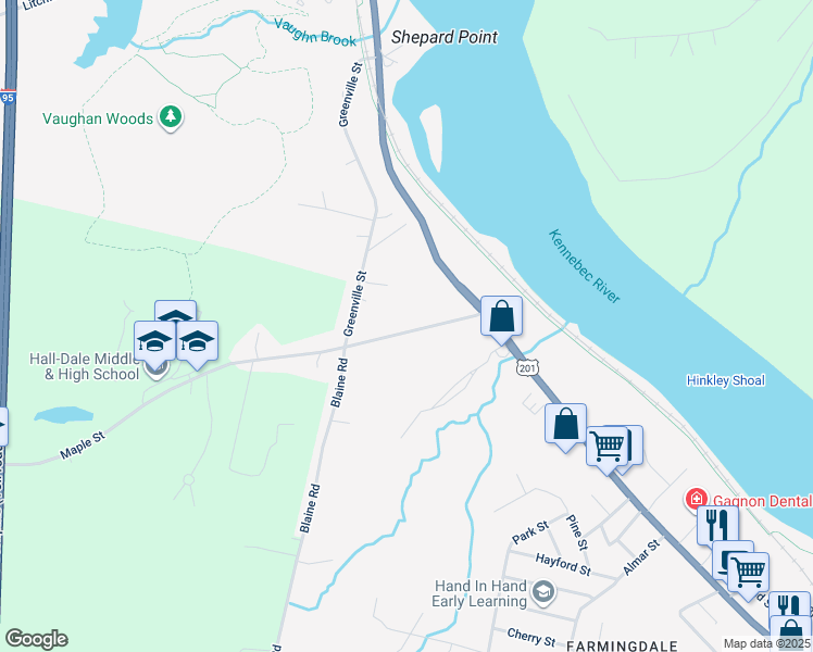 map of restaurants, bars, coffee shops, grocery stores, and more near 15 Maple Street in Hallowell