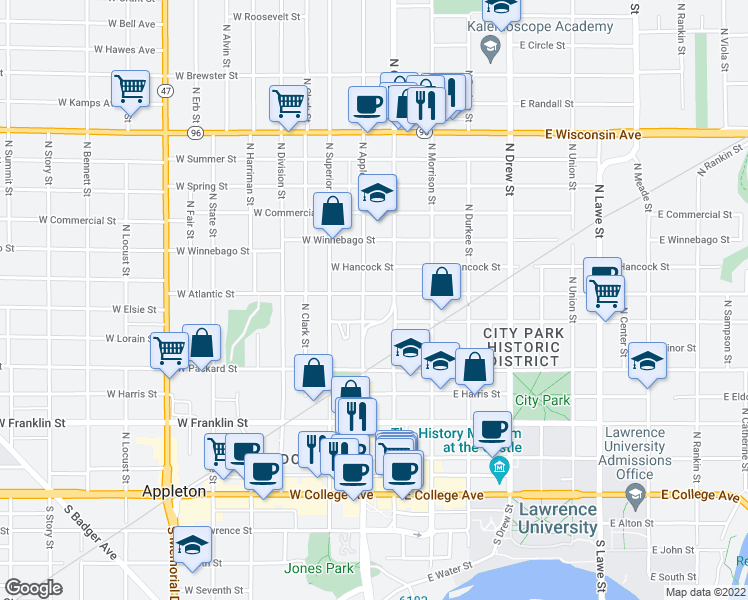 map of restaurants, bars, coffee shops, grocery stores, and more near 121 West Atlantic Street in Appleton