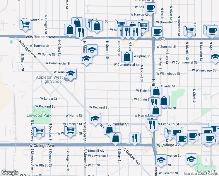 map of restaurants, bars, coffee shops, grocery stores, and more near 1026 West Elsie Street in Appleton