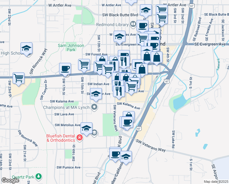 map of restaurants, bars, coffee shops, grocery stores, and more near 1008 Southwest Indian Avenue in Redmond