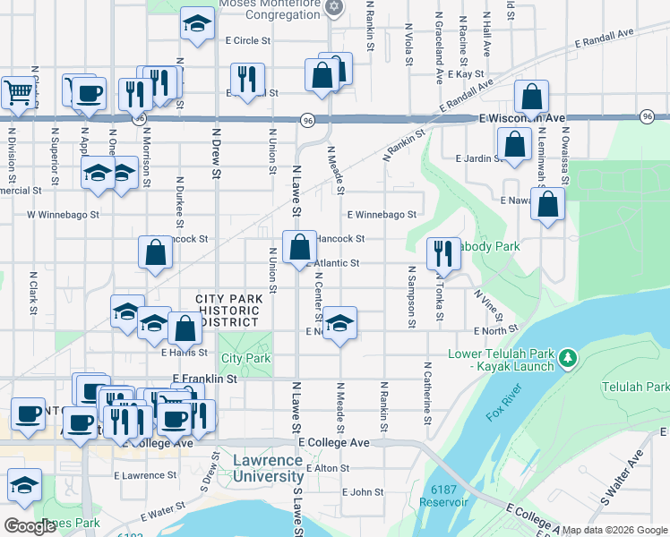 map of restaurants, bars, coffee shops, grocery stores, and more near 620 North Meade Street in Appleton