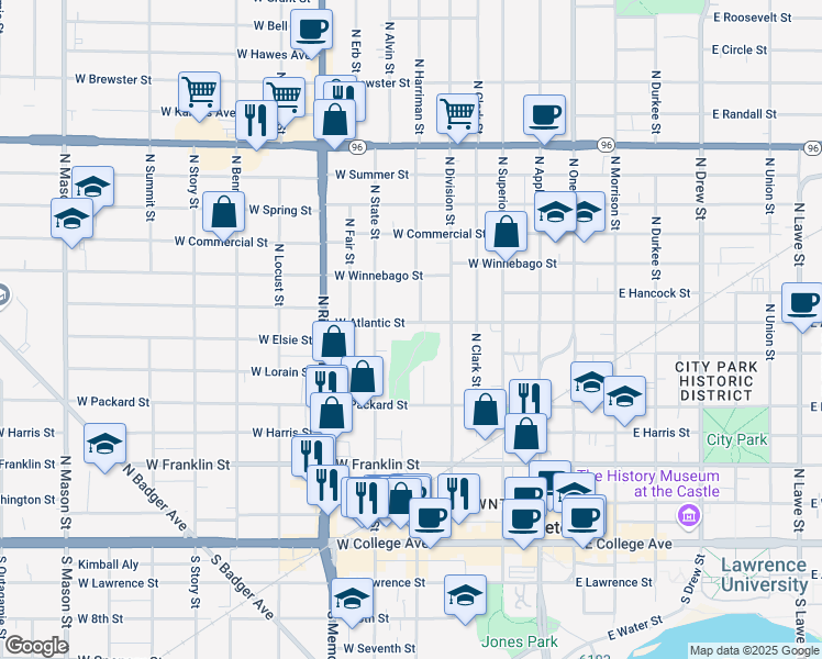 map of restaurants, bars, coffee shops, grocery stores, and more near 518 West Atlantic Street in Appleton