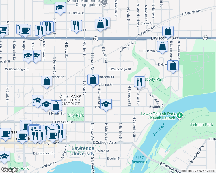 map of restaurants, bars, coffee shops, grocery stores, and more near 620 North Meade Street in Appleton