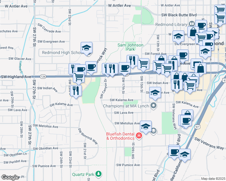map of restaurants, bars, coffee shops, grocery stores, and more near 1750 Southwest Juniper Avenue in Redmond