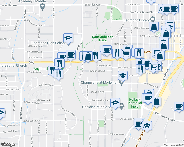 map of restaurants, bars, coffee shops, grocery stores, and more near 1716 Southwest Juniper Avenue in Redmond