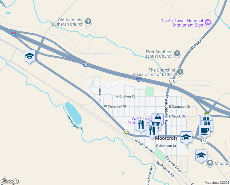 map of restaurants, bars, coffee shops, grocery stores, and more near 508 West Goshen Street in Moorcroft