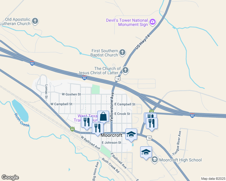 map of restaurants, bars, coffee shops, grocery stores, and more near 199 N Yellowstone Ave in Moorcroft