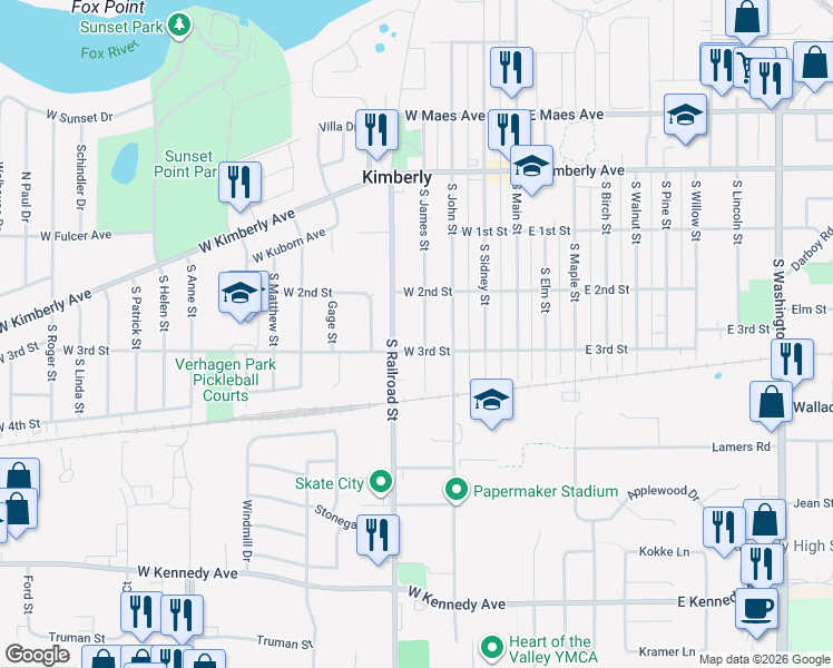 map of restaurants, bars, coffee shops, grocery stores, and more near 342 South James Street in Kimberly