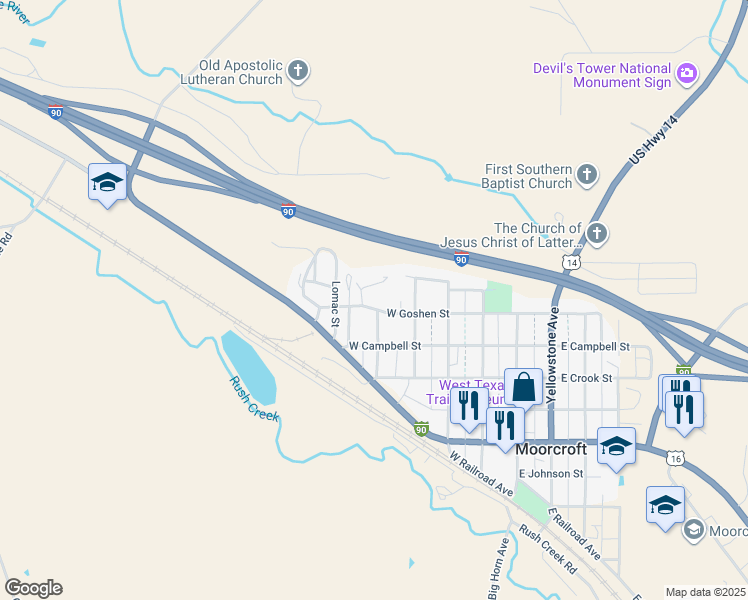 map of restaurants, bars, coffee shops, grocery stores, and more near 508 West Goshen Street in Moorcroft