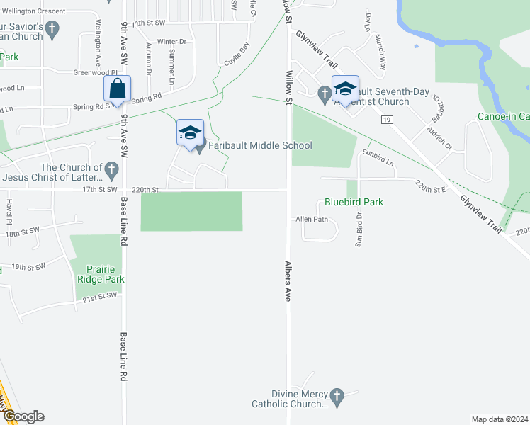 map of restaurants, bars, coffee shops, grocery stores, and more near 1740 Willow Street in Faribault