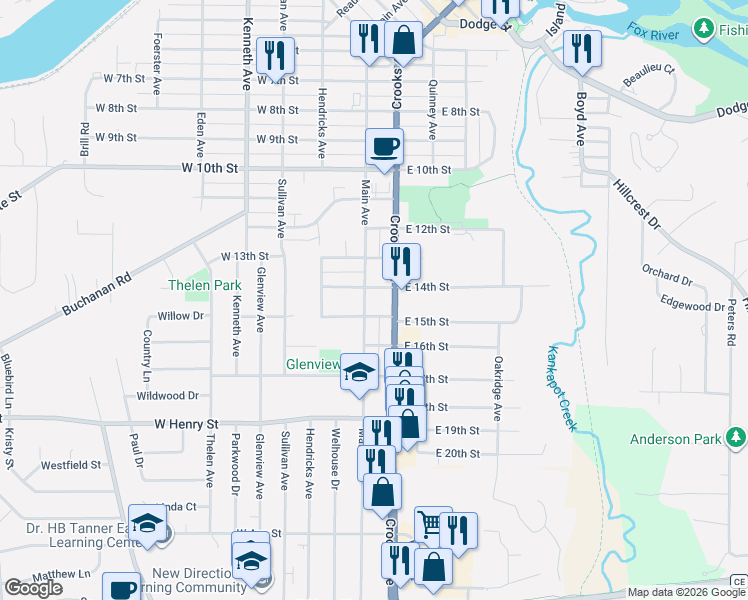 map of restaurants, bars, coffee shops, grocery stores, and more near 1408 Main Avenue in Kaukauna