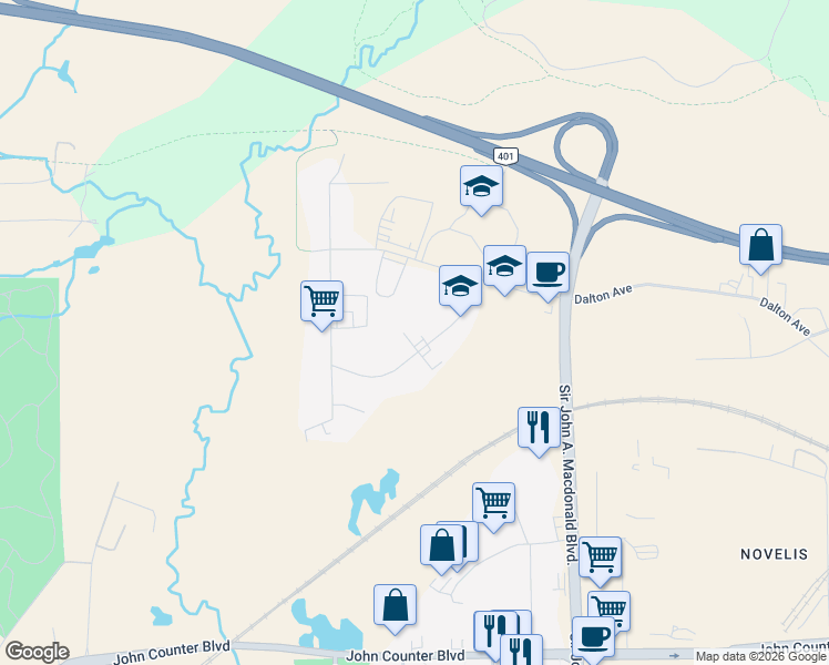map of restaurants, bars, coffee shops, grocery stores, and more near 92 Grant Timmins Drive in Kingston