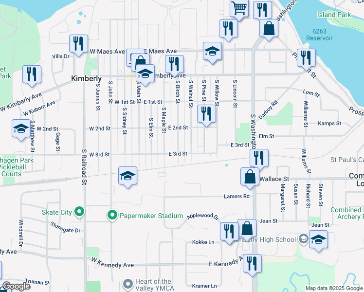 map of restaurants, bars, coffee shops, grocery stores, and more near 333 S Birch St in Kimberly