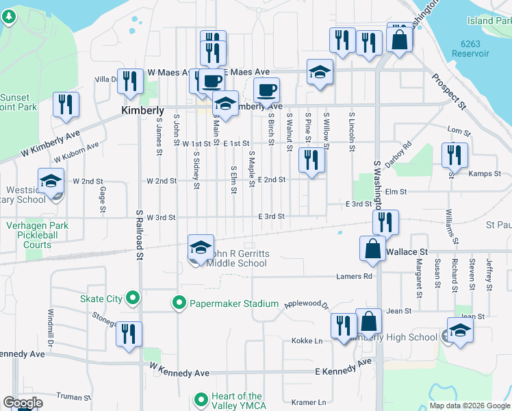map of restaurants, bars, coffee shops, grocery stores, and more near 333 South Maple Street in Kimberly
