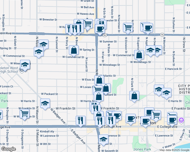 map of restaurants, bars, coffee shops, grocery stores, and more near 625 North Richmond Street in Appleton