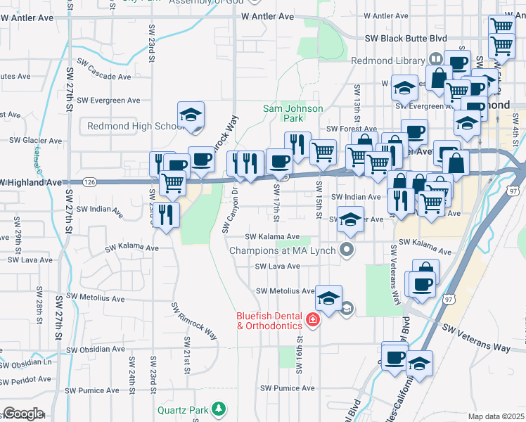 map of restaurants, bars, coffee shops, grocery stores, and more near 1710 Southwest Juniper Avenue in Redmond