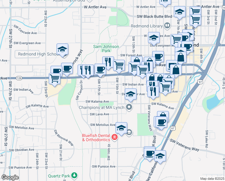 map of restaurants, bars, coffee shops, grocery stores, and more near 1532 Southwest Juniper Avenue in Redmond