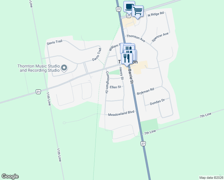 map of restaurants, bars, coffee shops, grocery stores, and more near 12 Ellen Street in Thornton