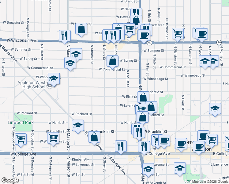 map of restaurants, bars, coffee shops, grocery stores, and more near 625 North Bennett Street in Appleton