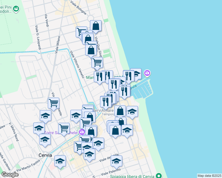 map of restaurants, bars, coffee shops, grocery stores, and more near 5 Via Boito in Cervia