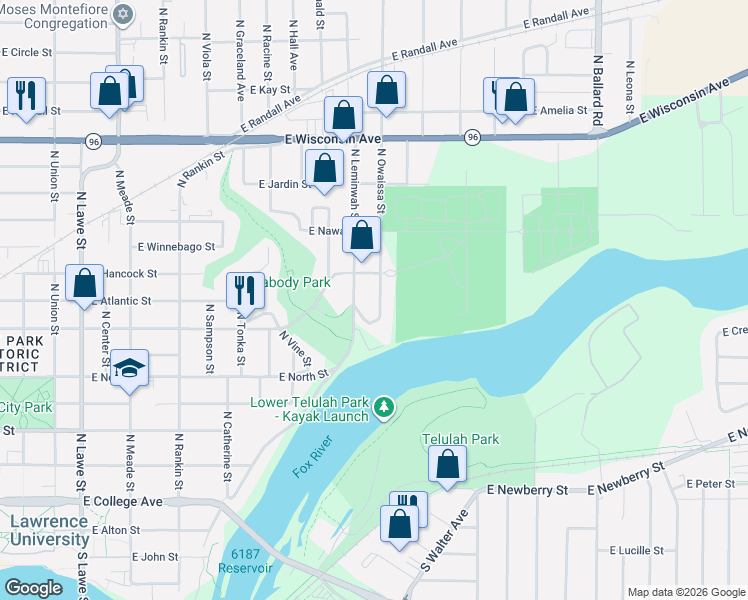 map of restaurants, bars, coffee shops, grocery stores, and more near 701 North Owaissa Street in Appleton