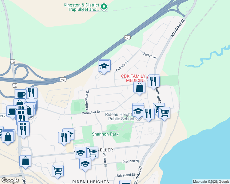 map of restaurants, bars, coffee shops, grocery stores, and more near 45 Morenz Crescent in Kingston