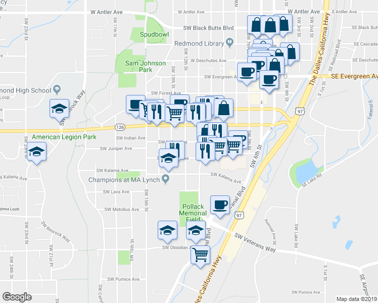 map of restaurants, bars, coffee shops, grocery stores, and more near 938 Southwest 12th Street in Redmond