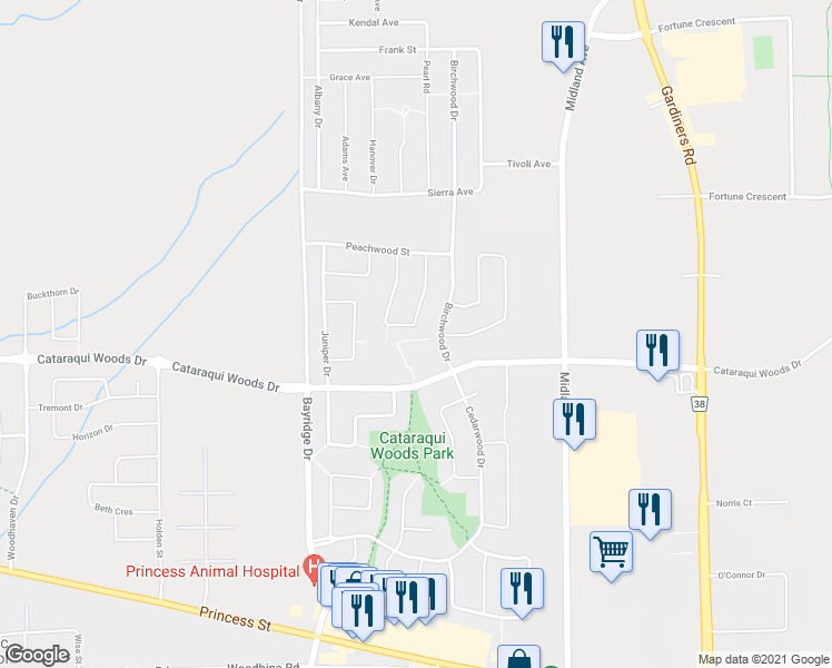 map of restaurants, bars, coffee shops, grocery stores, and more near 1360 Thornwood Crescent in Kingston