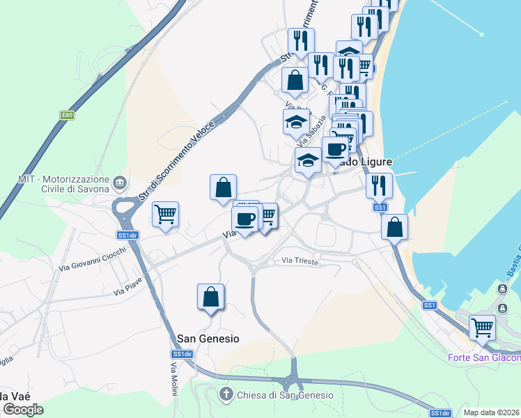 map of restaurants, bars, coffee shops, grocery stores, and more near 7 Via A. Manzoni in Vado Ligure