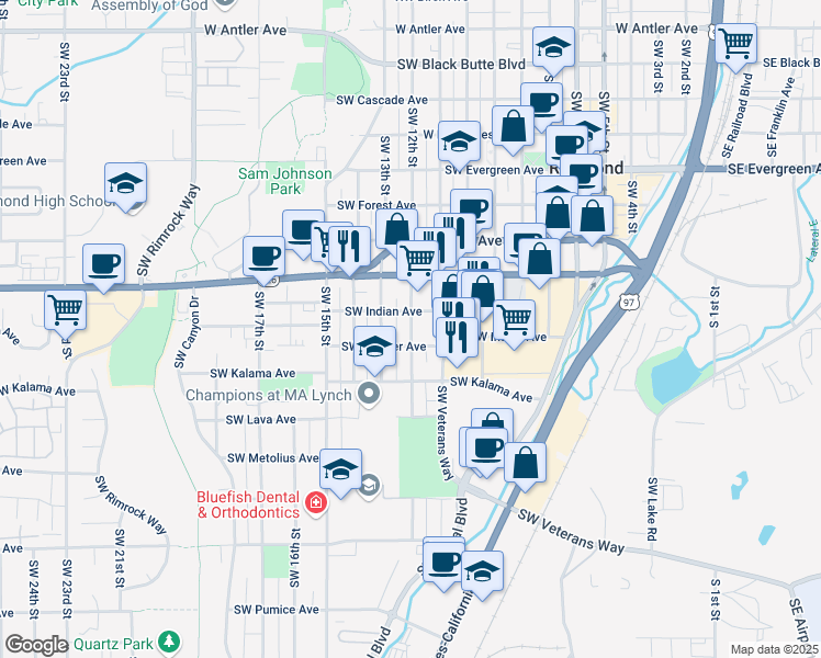 map of restaurants, bars, coffee shops, grocery stores, and more near 938 Southwest 12th Street in Redmond