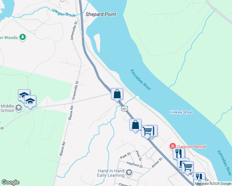 map of restaurants, bars, coffee shops, grocery stores, and more near 2 Maple Street in Hallowell