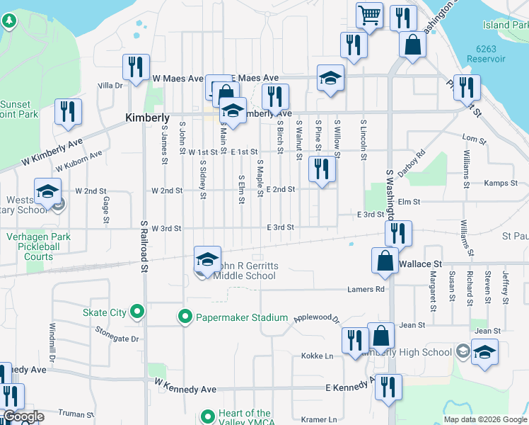 map of restaurants, bars, coffee shops, grocery stores, and more near 333 South Maple Street in Kimberly