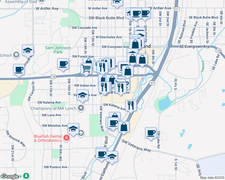 map of restaurants, bars, coffee shops, grocery stores, and more near 946 Southeast Veterans Way in Redmond