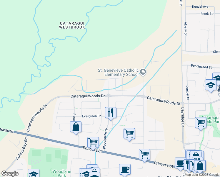 map of restaurants, bars, coffee shops, grocery stores, and more near 1104 Woodhaven Drive in Kingston