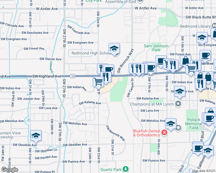 map of restaurants, bars, coffee shops, grocery stores, and more near 915 Southwest Rimrock Way in Redmond