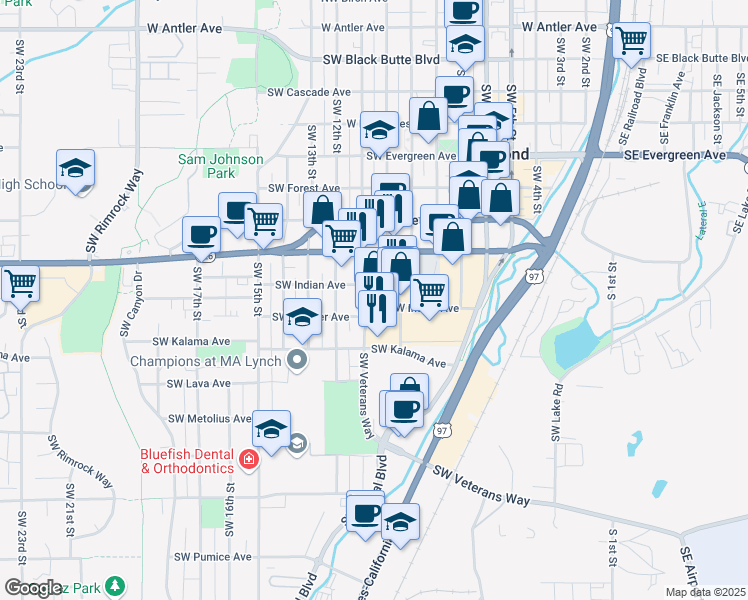 map of restaurants, bars, coffee shops, grocery stores, and more near 1008 Southwest Indian Avenue in Redmond