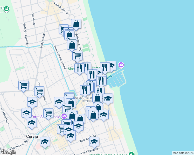 map of restaurants, bars, coffee shops, grocery stores, and more near 5 Via Arrigo Boito in Cervia