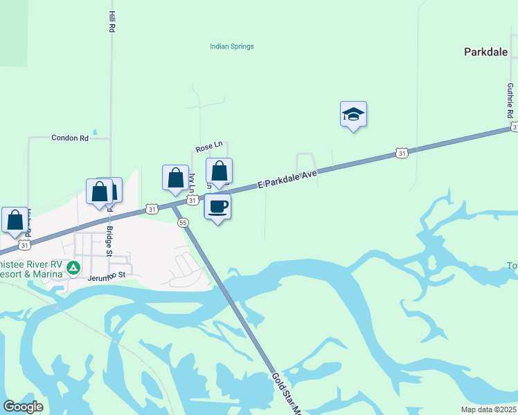 map of restaurants, bars, coffee shops, grocery stores, and more near 1380 Perry Street in Manistee