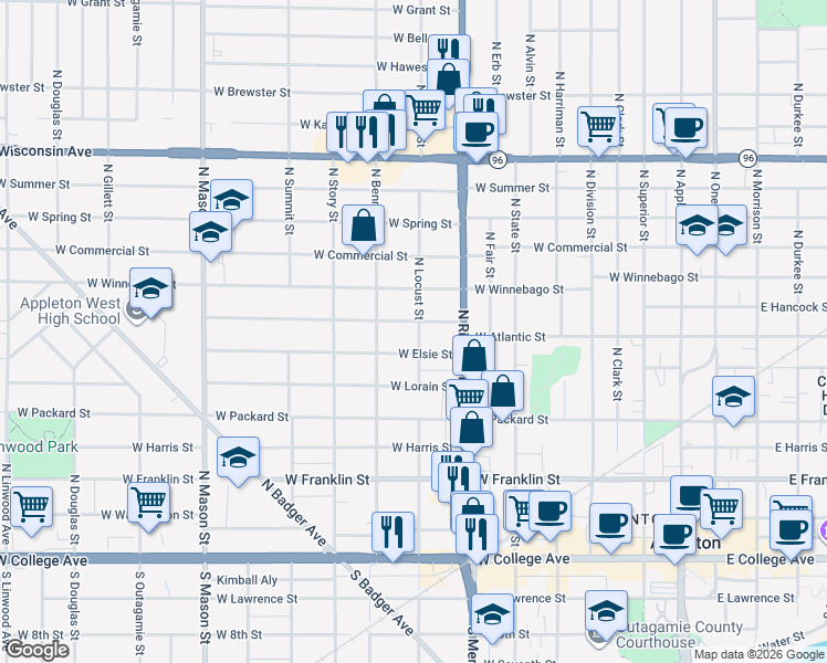 map of restaurants, bars, coffee shops, grocery stores, and more near 803 West Oklahoma Street in Appleton