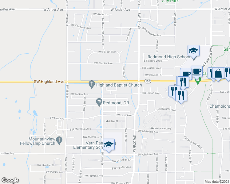 map of restaurants, bars, coffee shops, grocery stores, and more near 2980 Southwest Indian Circle in Redmond