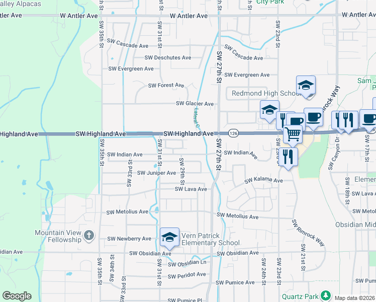 map of restaurants, bars, coffee shops, grocery stores, and more near 2855 Southwest Indian Avenue in Redmond