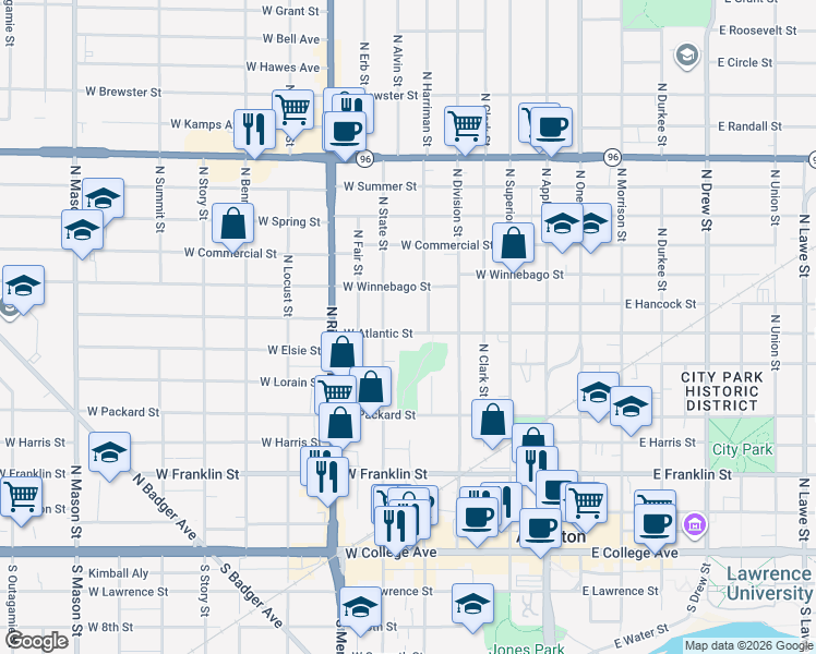 map of restaurants, bars, coffee shops, grocery stores, and more near 508 West Atlantic Street in Appleton