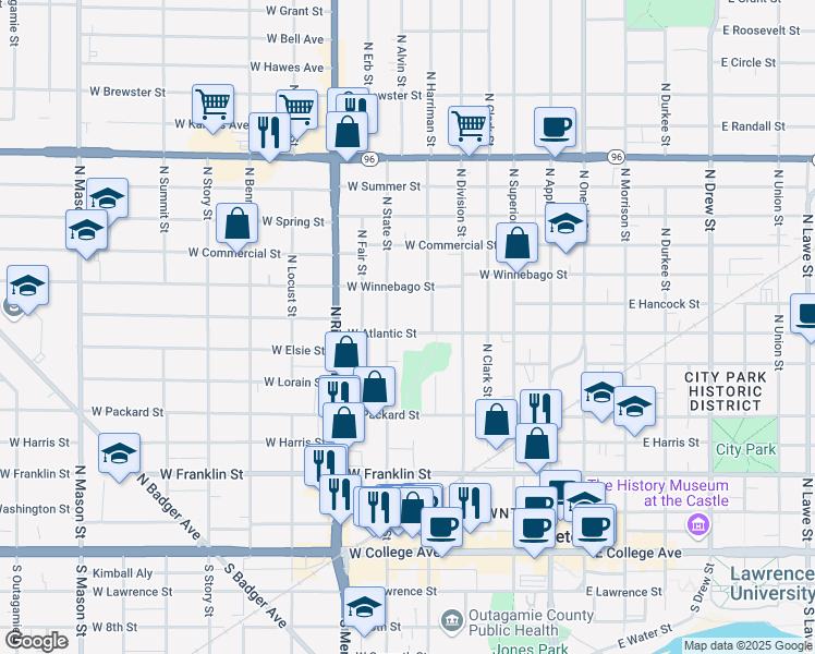 map of restaurants, bars, coffee shops, grocery stores, and more near 518 West Atlantic Street in Appleton