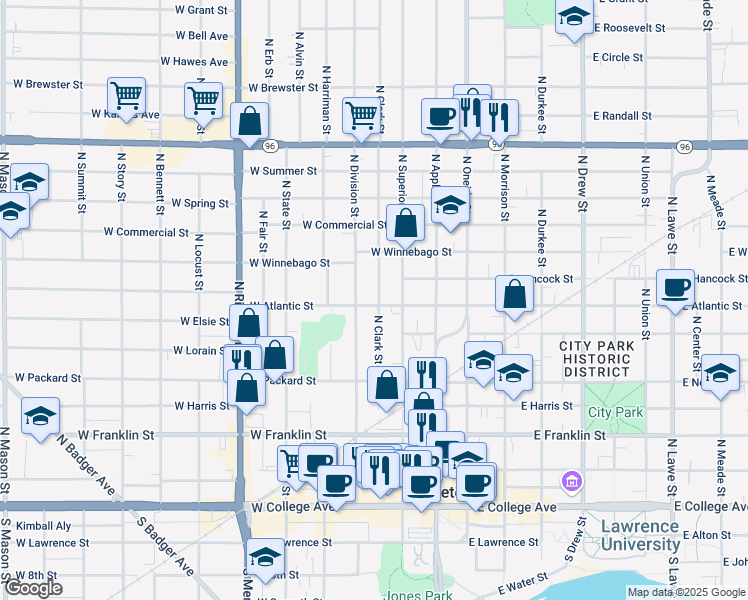 map of restaurants, bars, coffee shops, grocery stores, and more near 703 North Clark Street in Appleton