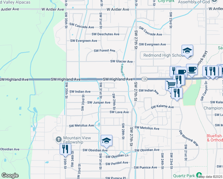 map of restaurants, bars, coffee shops, grocery stores, and more near 2992 Southwest Indian Circle in Redmond