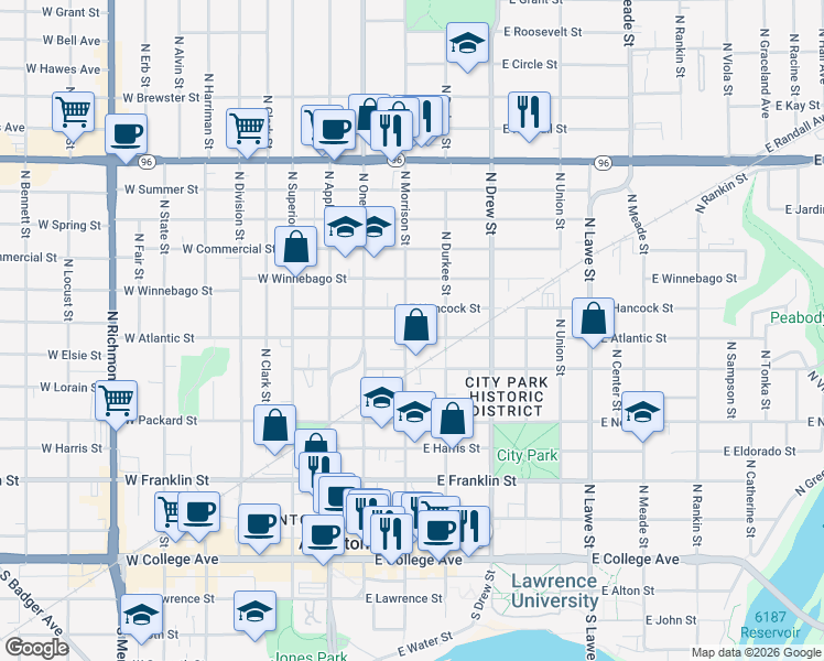 map of restaurants, bars, coffee shops, grocery stores, and more near 702 North Morrison Street in Appleton