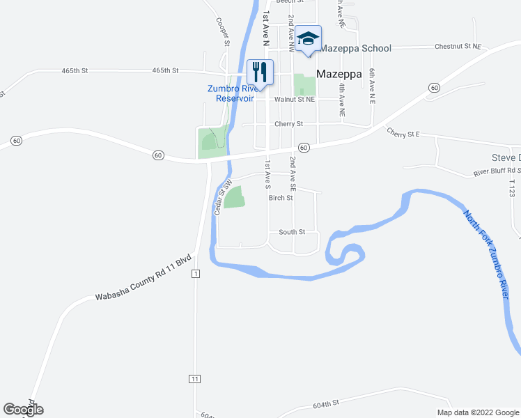map of restaurants, bars, coffee shops, grocery stores, and more near 255 1st Street in Mazeppa