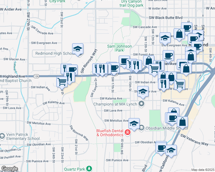 map of restaurants, bars, coffee shops, grocery stores, and more near 1750 Southwest Juniper Avenue in Redmond