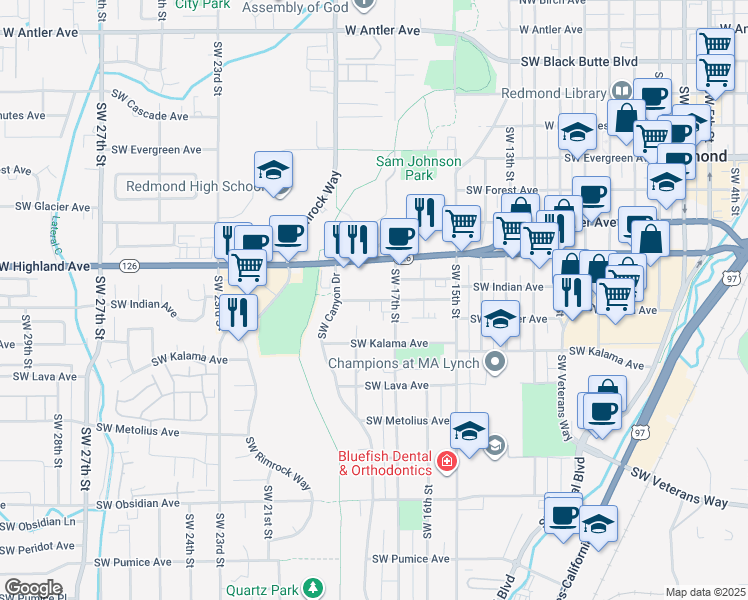 map of restaurants, bars, coffee shops, grocery stores, and more near 1750 Southwest Juniper Avenue in Redmond