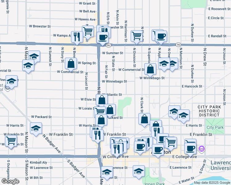map of restaurants, bars, coffee shops, grocery stores, and more near 518 West Atlantic Street in Appleton
